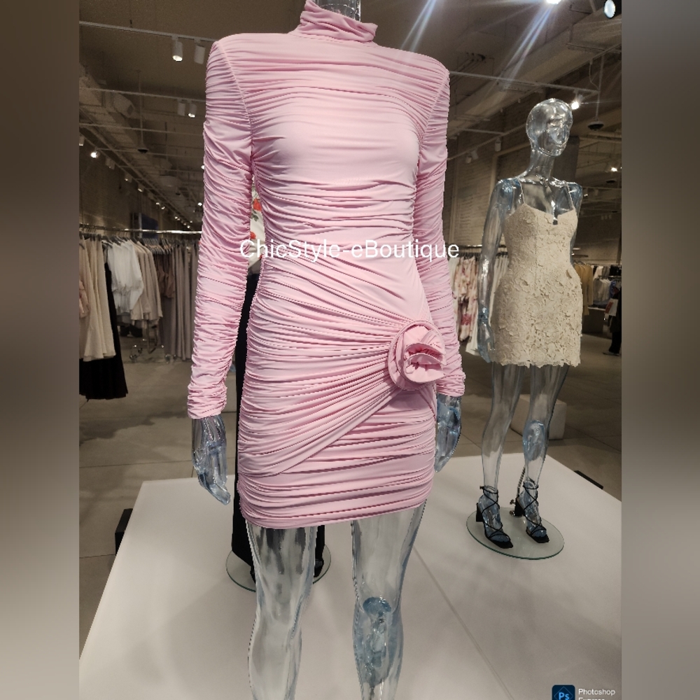 H&M x Magda Butrym Pink Long Sleeve Ruched Mini Dress - Picture 3 of 13